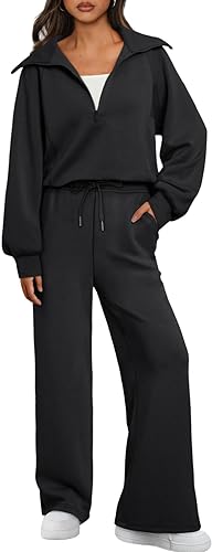 Womens 2 Piece Sweatsuits Loungewear Sets Quarter Zip Pullover Sweatshirts with Wide Leg Sweatpants