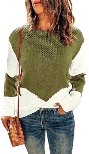 Womens Crochet Crewneck Long Sleeve Pullovers Color Block Tunic Ribbed Sweaters Jumper Tops