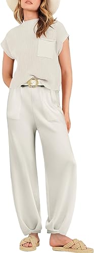 Women’s Two Piece Outfits Sweater Sets Knit Pullover Tops and High Waisted Pants Tracksuit Lounge Sets