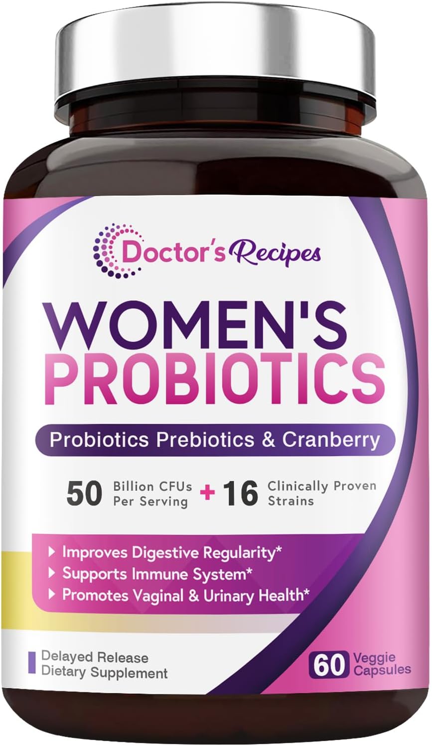 Women’s Probiotic, 60 Caps 50 Billion CFU 16 Strains, with Organic Prebiotics Cranberry, Digestive Immune Vaginal & Urinary Health, Shelf Stable, Delayed Release, No Soy Gluten Dairy