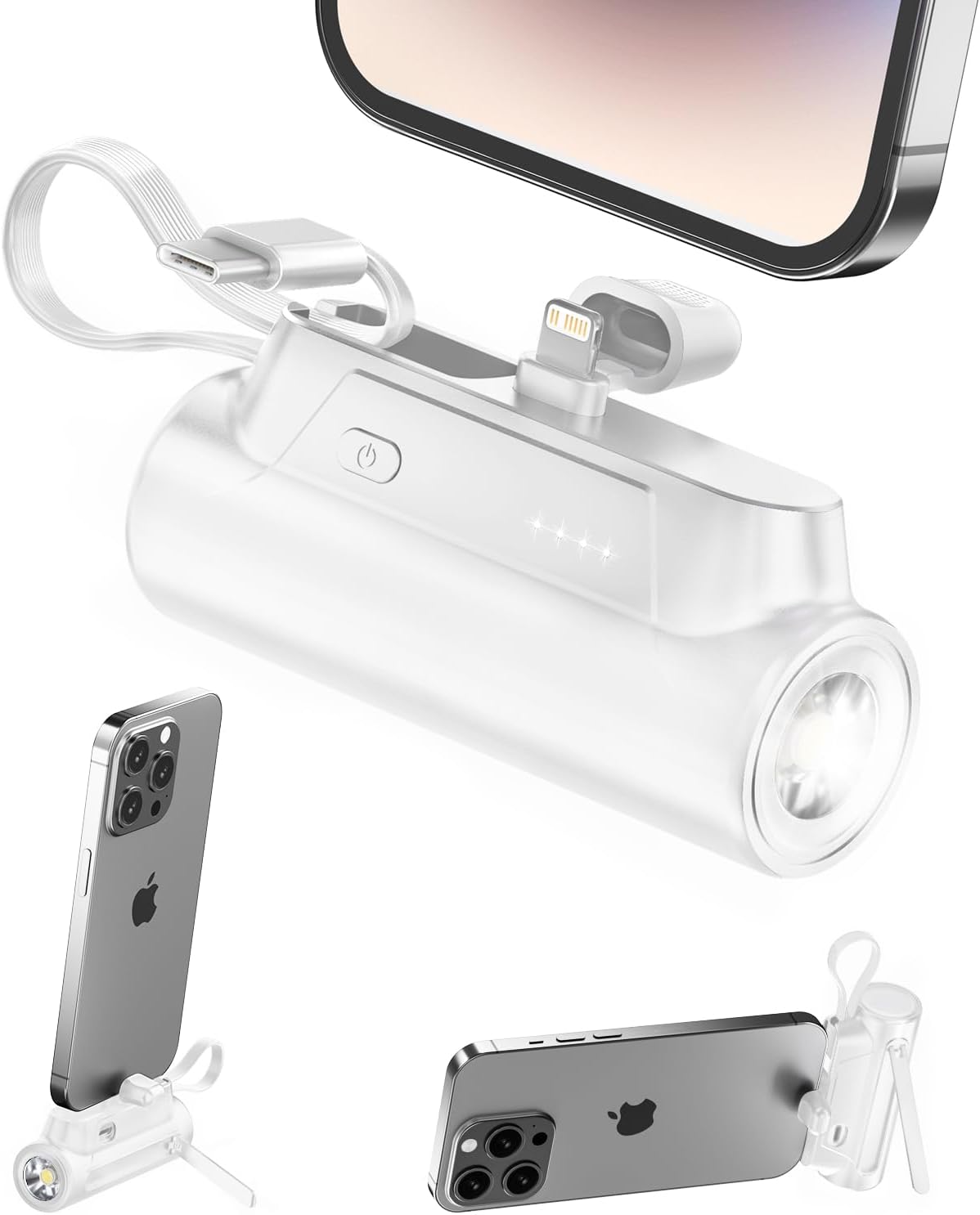 Portable-Charger-Power-Bank – 8000mAh Small Portable Phone Charger 5V3.1A Fast Charger Built-in Type-C Cable Flashlight and Phone Holder Cute Battery Pack for iPhone and Android Phone(White)