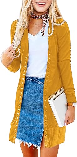 Women’s 2023 Fall Long Sleeve Snap Button Down Solid Color Knit Ribbed Neckline Cardigans