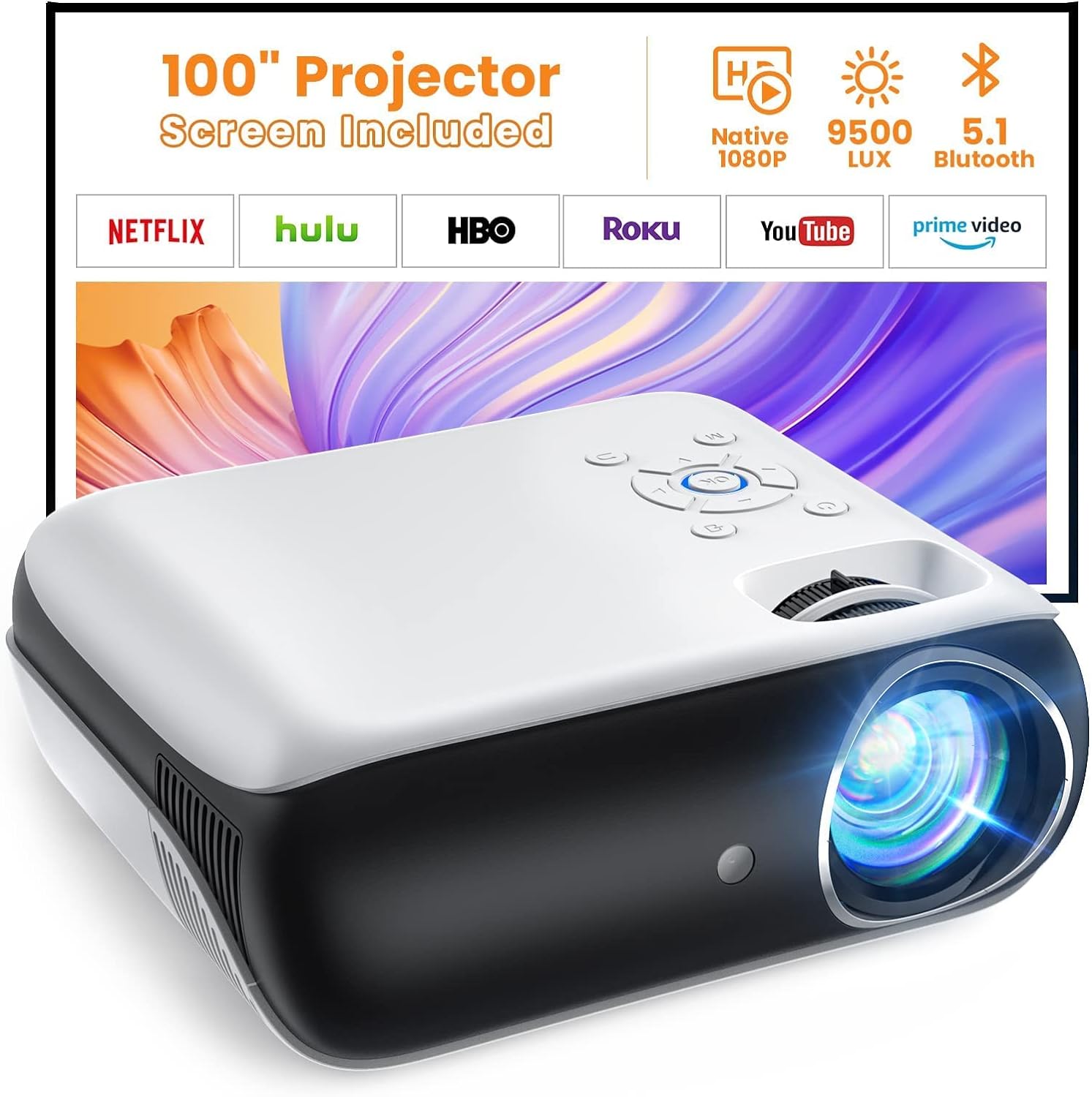 Projector, Native 1080P Bluetooth Projector with 100”Screen, 9500L Portable Outdoor Movie Projector Compatible with Smartphone, HDMI,USB,AV,Fire Stick, PS5