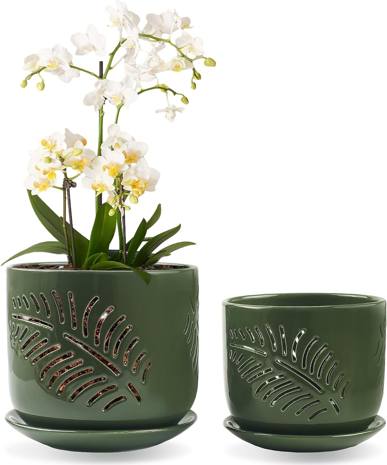 Ceramic Orchid Pots,5+6Inch Orchid Pot with Drainage Hole,Promote Healthy Air Circulation,Indoor/Outdoor Orchid Pots Gardening Home Desktop Office Windowsill Decoration(White/Green)