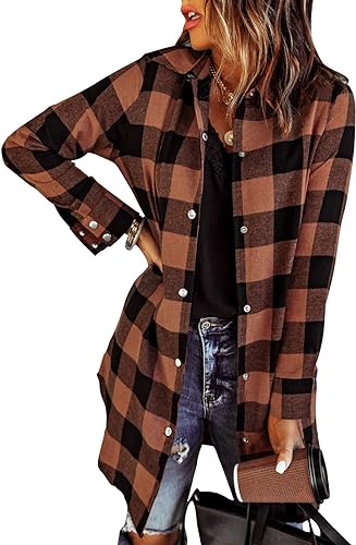 Color Block Plaid Shacket Jacket Womens Fall Fashion 2023 Outfits Long Sleeve Button Down Flannel Shirts Coats