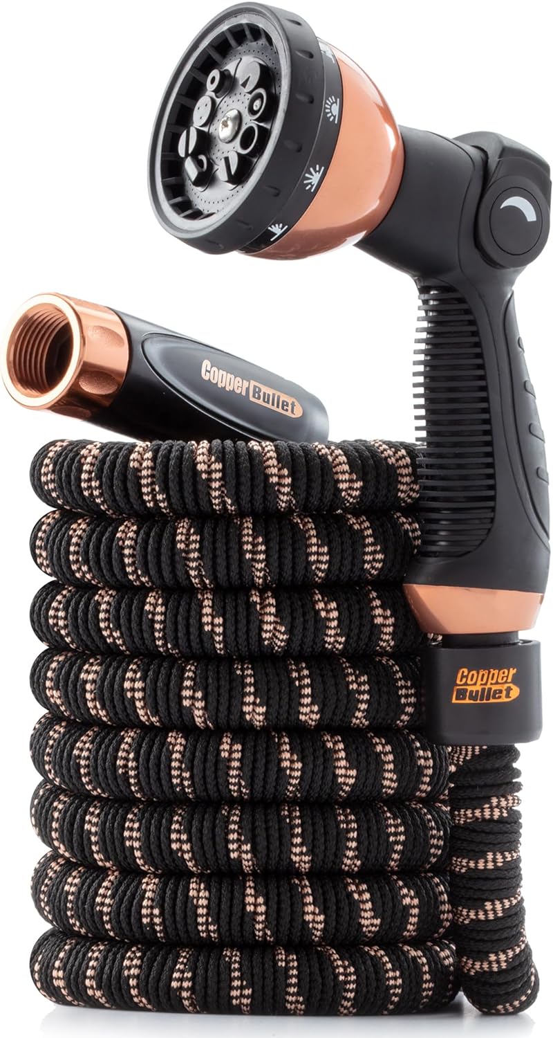 2024 Pocket Hose Copper Bullet With Thumb Spray Nozzle AS-SEEN-ON-TV Expands to 50 ft, 650psi 3/4 in Solid Copper Anodized Aluminum Fittings Lead-Free Lightweight No-Kink Garden Hose