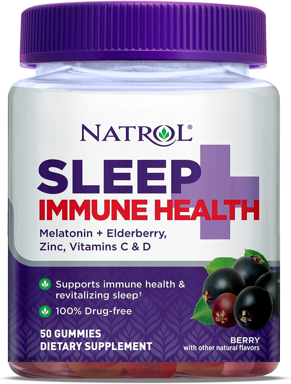 Immune Health Gummy, Sleep Aid & Immunity Support, Elderberry, Vitamins C, D and Zinc, Drug Free, 50 Berry Flavored Gummies