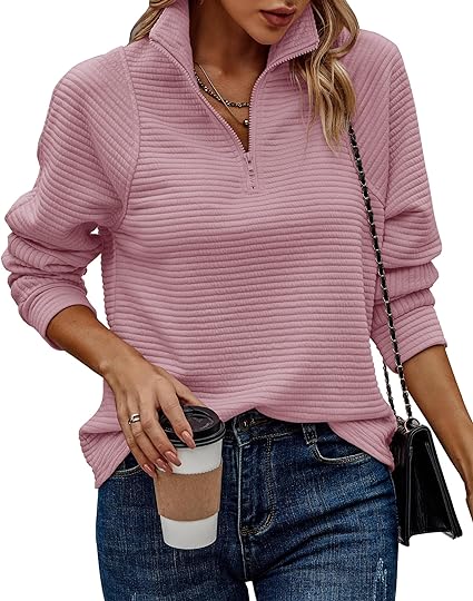 Womens 2023 Fall Fashion Quarter Zip Sweatshirts Half Zip Casual Long Sleeve Solid Color V Neck Pullover Tops