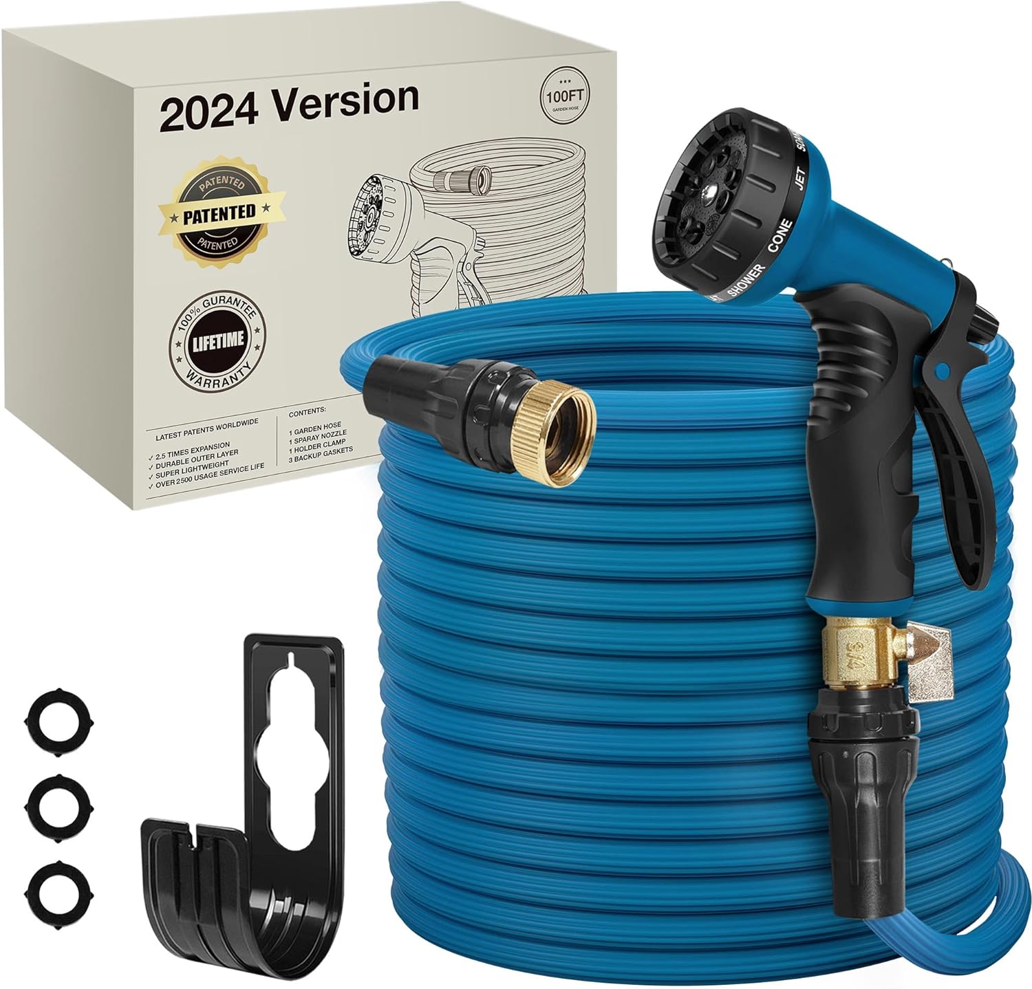 Garden Hose 100ft, Expandable Garden Hose Leak-Proof with 40 Layers of Innovative Nano Rubber,2024 Version/New Patented, Lightweight, Durable, No-Kink Flexible Water Hose (Blue)