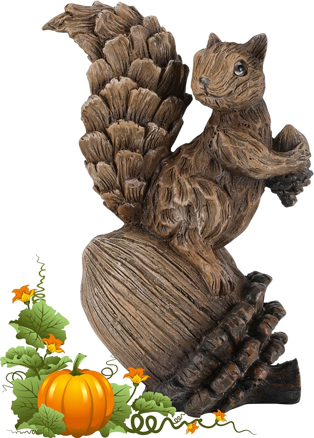 10’’ Resin Squirrel Figurine on Acorn, Woodland Animals with Pine Cones Statue for Fall Harvest Thanksgiving Decorations, Indoor Outdoor Garden Home Centerpiece Table (Squirrel Pinecone)